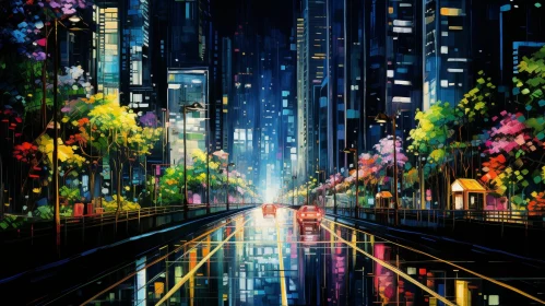 Mysterious Night Scene of City Street with Reflective Rain