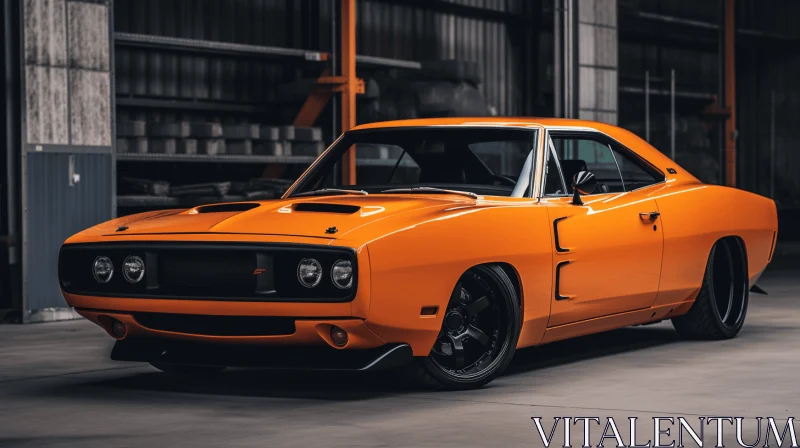 Orange Muscle Car in Garage | Powerful and Striking Design AI Image
