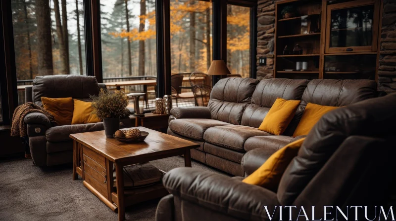 AI ART Rustic Living Room with Forest View
