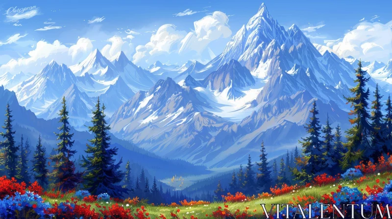 Tranquil Mountain Landscape with Snow-Covered Peaks AI Image