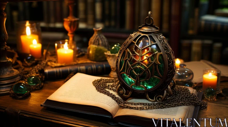 Vintage Book and Magical Lamp on Wooden Table AI Image