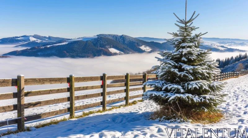Winter Landscape with Snow-Covered Fir Tree and Mountain Peaks AI Image