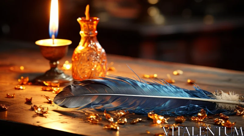 Wooden Table with Candle, Feather, and Gold Flakes AI Image