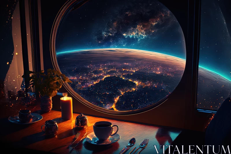 Captivating Coffee Table: Spaceship and Planet View AI Image