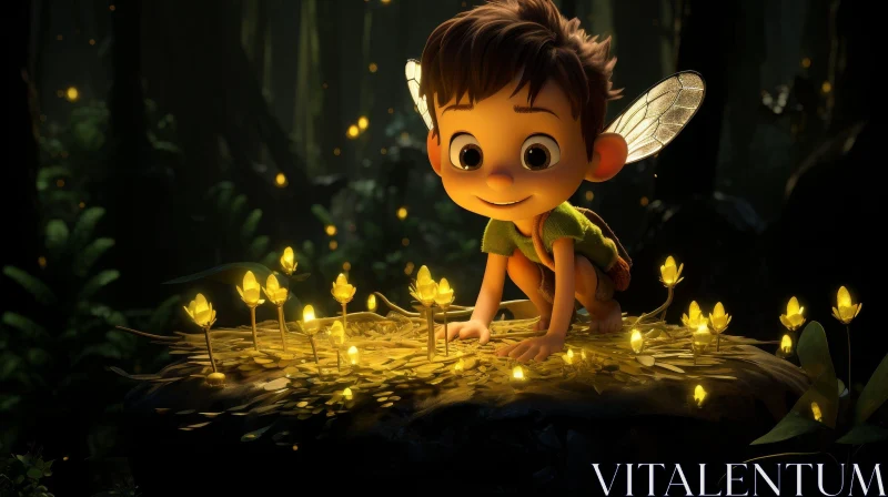 AI ART Cartoon Character in Forest with Fireflies