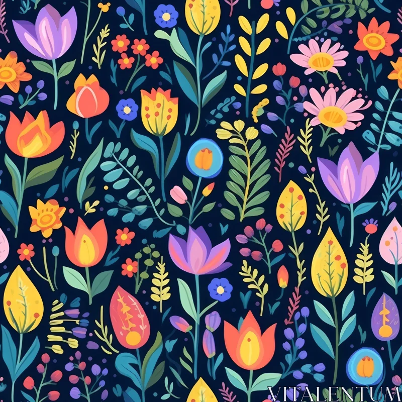 Colorful Tulips and Pansies Pattern on Dark Blue Background AI Image