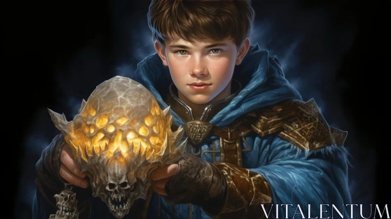 Enigmatic Painting of a Boy with Glowing Skull AI Image