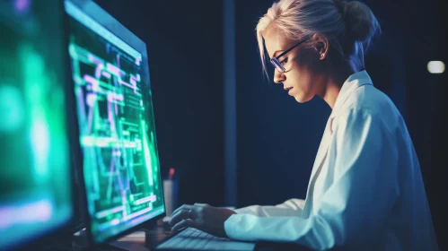 Female Scientist Working on Computer in Dimly Lit Room