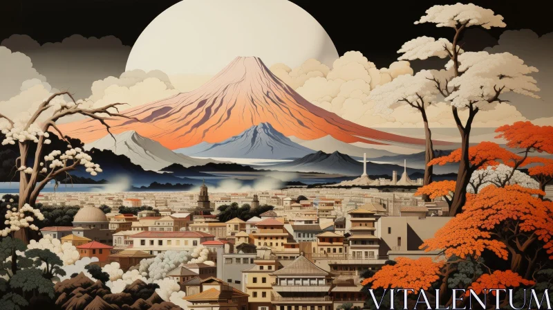 Japanese Cityscape with Mount Fuji Painting AI Image
