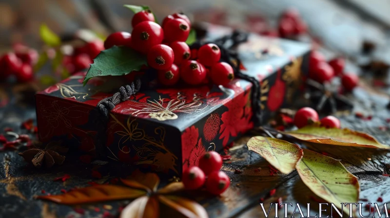 Luxurious Still Life: Gift Box with Red Ribbon and Holly Berries AI Image