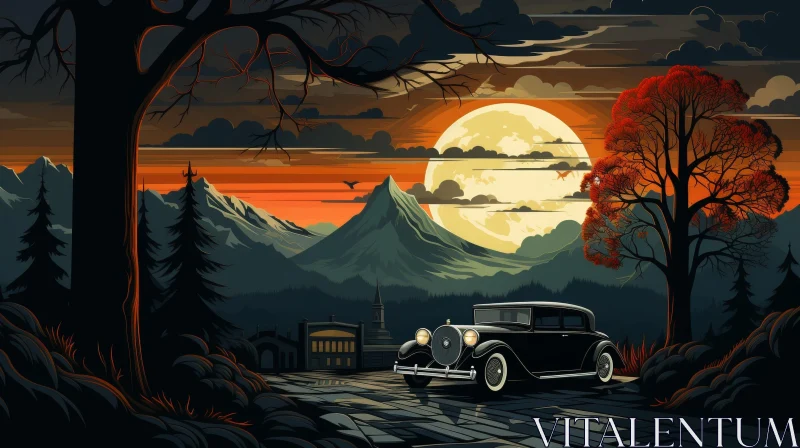 Moonlit Black Packard on Mountain Road AI Image