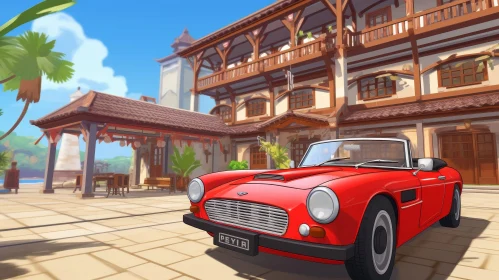 Red Vintage Car in Courtyard - Architectural Beauty
