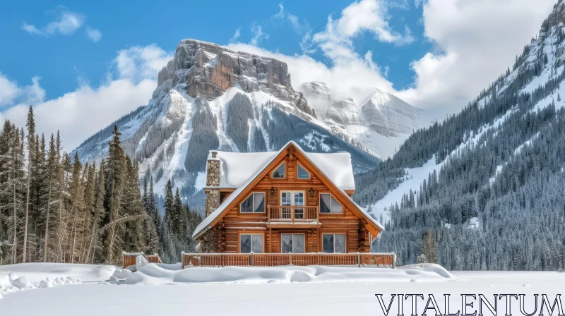 AI ART Serene Winter Cabin in Snowy Forest - Mountain View