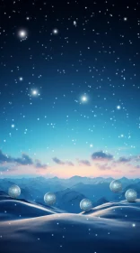 Snowy Night Landscape with Luminous Spheres and Star-studded Sky