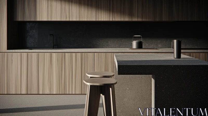 Stunning 3D Rendering of a Modern Kitchen with Dark Wood Cabinets AI Image