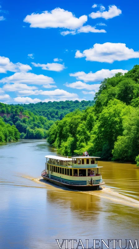 Tranquil Riverboat Scene on Wide River AI Image