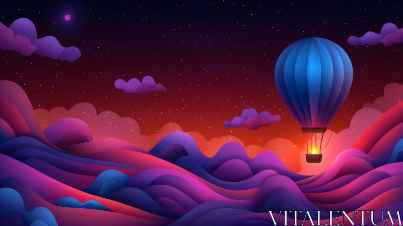Tranquil Sunset with Hot Air Balloon and Moon AI Image