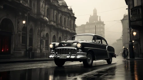 Vintage Car Driving on Wet City Street