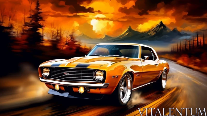 Yellow Chevrolet Camaro SS Painting in Forest at Sunset AI Image