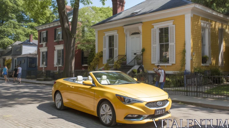Yellow House and Convertible on Cobblestone Street AI Image