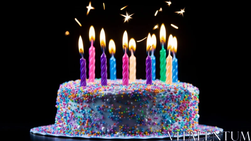 Birthday Cake with Lit Candles on Black Background AI Image