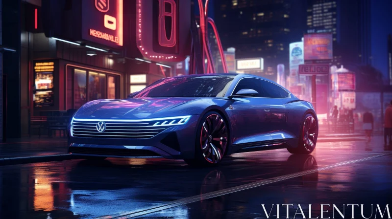 Blue Futuristic Car Parked on City Street at Night AI Image