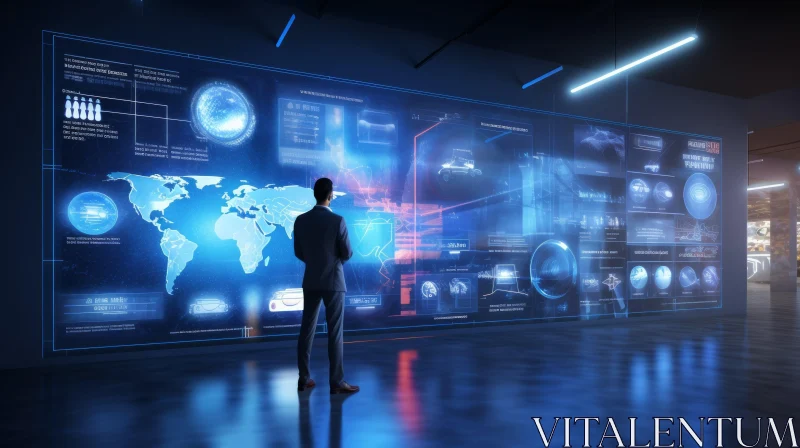 AI ART Business Man Analyzing World Data on Futuristic Screen