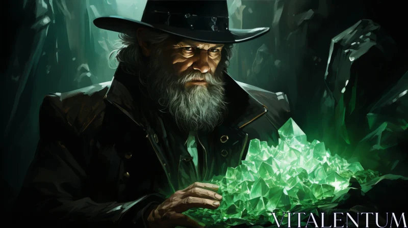 Enchanting Wizard with Green Crystal in Dark Forest AI Image