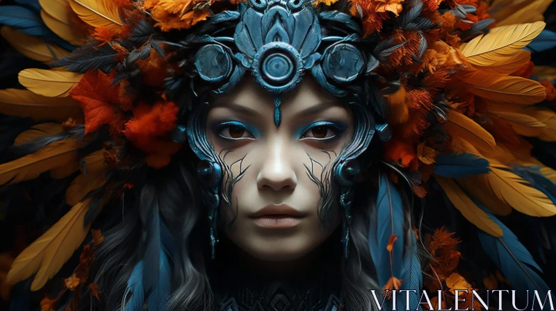 Enigmatic Woman Portrait with Feathered Headdress AI Image