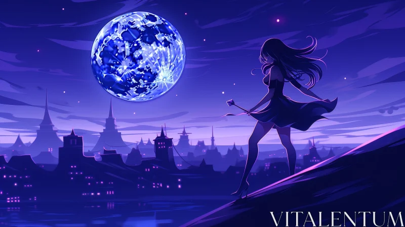 Moonlit Girl on Cliff Overlooking City AI Image