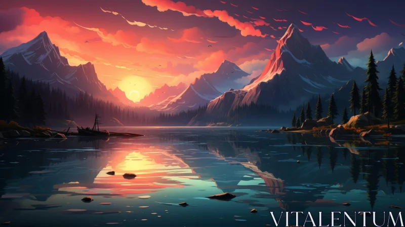 Mountain Lake Sunset Landscape AI Image