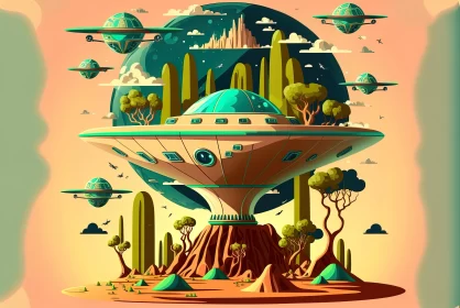 Mysterious UFO in Enchanting Desert Landscape | Art Nouveau Inspired