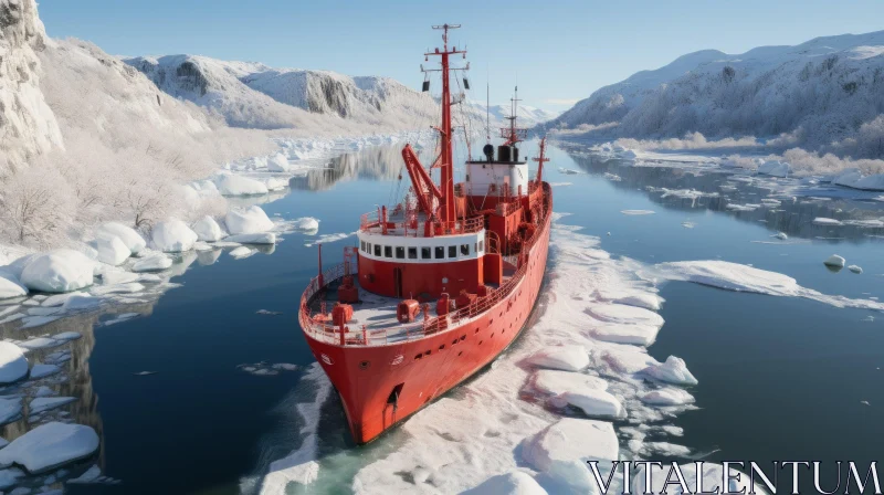 Red Ship Sailing through Icebergs in Blue Waters AI Image