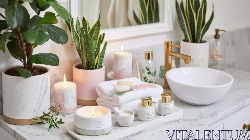 Serene Bathroom Vanity with Potted Plants and Therapie Beauty Products AI Image