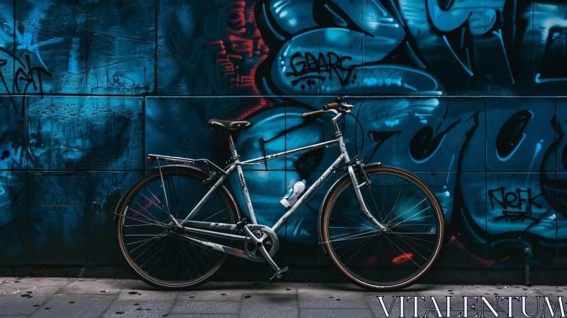 Silver Bicycle Parked in Front of Blue Wall AI Image