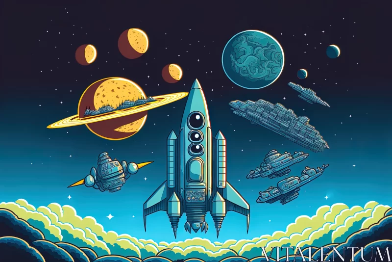 Space Wallpaper Illustration with Spaceship and Planets AI Image