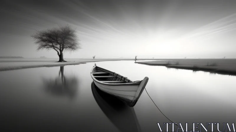 AI ART Tranquil Black and White Nature Scene with Boat on Lake