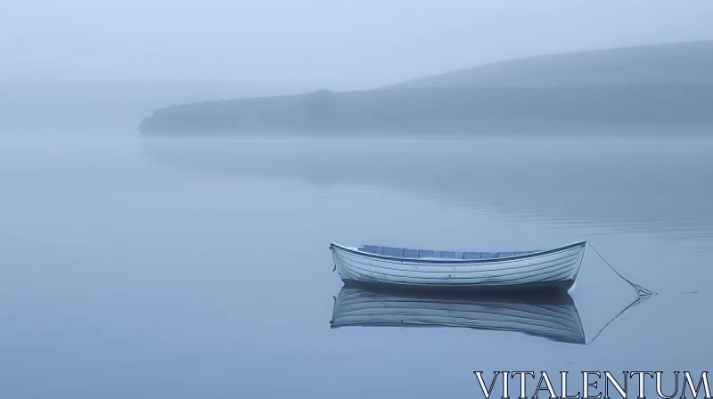 AI ART Tranquil Morning Lake Landscape with Mist and Boat