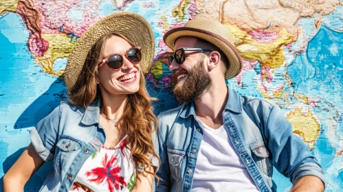 Young Couple Sitting in Front of World Map - Casual and Smiling