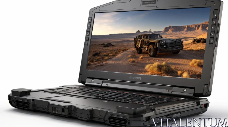 AI ART Black Laptop with Car in Desert on Screen