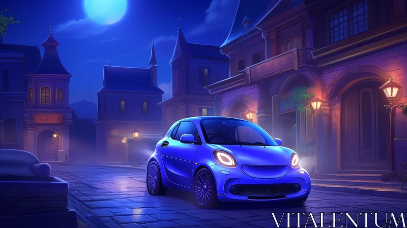 Blue Car Parked on Cobblestone Street in European City AI Image