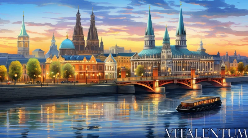Cityscape Painting at Sunset Over River AI Image