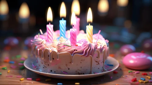 Colorful Birthday Cake with Candles on Wooden Table