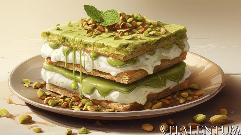 Delectable Pistachio Cake with Cream and Green Sauce AI Image