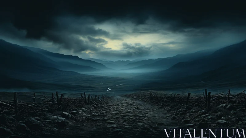 Eerie Moonlit Landscape: Dark and Mysterious Scene AI Image