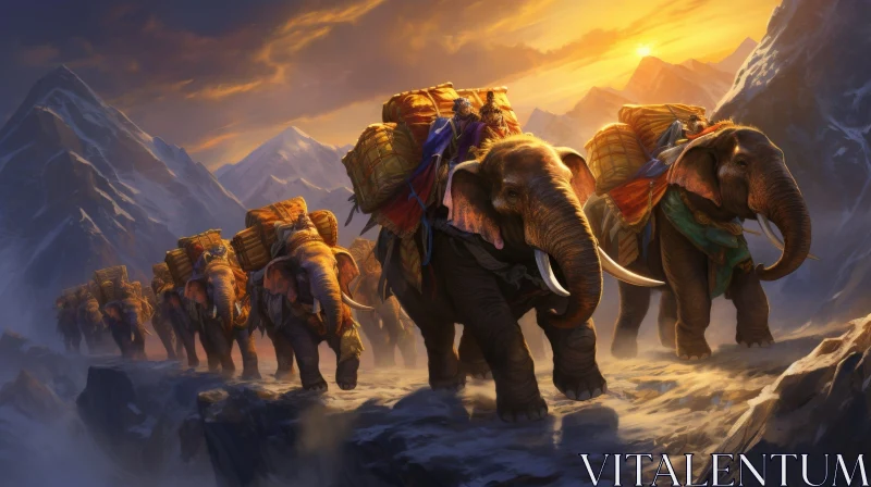 Elephants in Mountain Pass Digital Painting AI Image