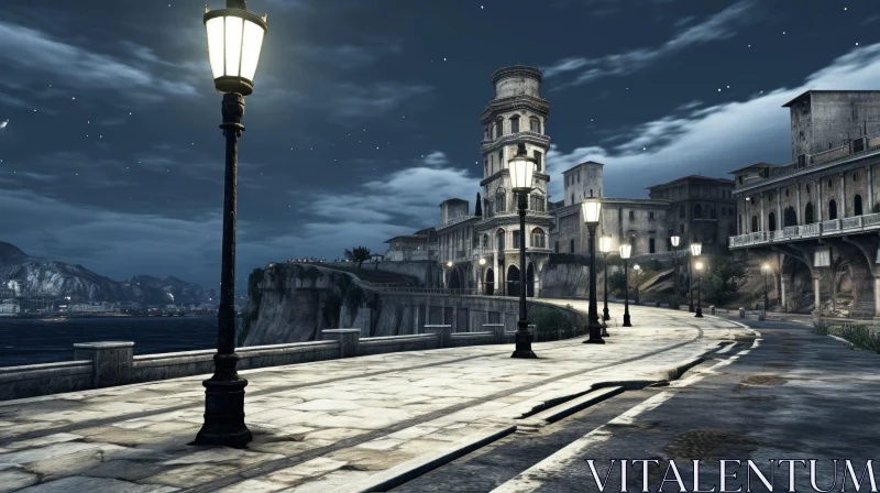 Enchanting Night View of Mediterranean Town Street AI Image