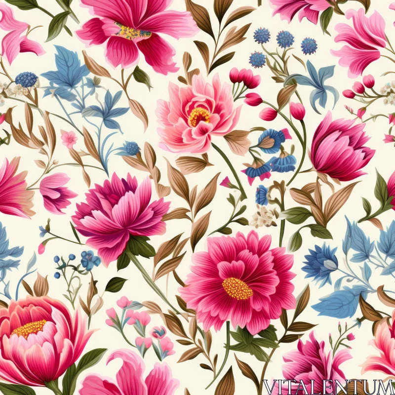 Floral Pattern with Pink and Blue Flowers on White Background AI Image
