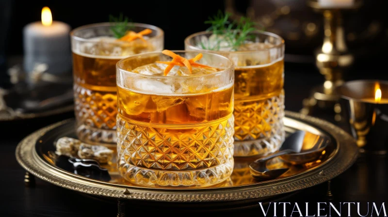 Golden Whiskey Glasses and Candle Still Life AI Image