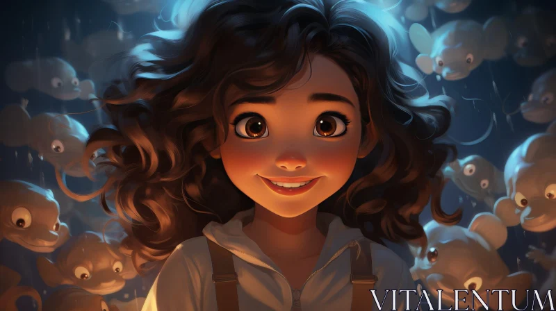 Joyful Young Girl Portrait on Dark Blue Background AI Image